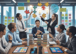 Diverse team brainstorms with puzzle pieces and light bulbs in Singapore office.