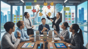 Diverse team brainstorms with puzzle pieces and light bulbs in Singapore office.