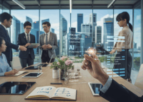 Diverse team in a glass-walled room collaborating with AI displays, Singapore skyline visible.
