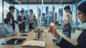 Diverse team in a glass-walled room collaborating with AI displays, Singapore skyline visible.