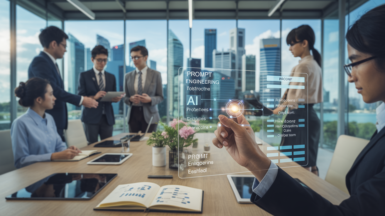 Diverse team in a glass-walled room collaborating with AI displays, Singapore skyline visible.