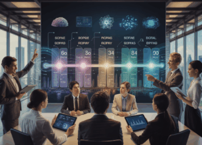 Diverse team in a Singapore office analyzing a holographic AI roadmap with city view.