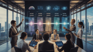 Diverse team in a Singapore office analyzing a holographic AI roadmap with city view.