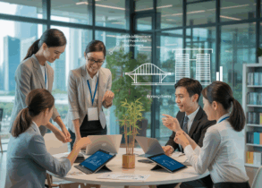 Diverse team in a Singapore office collaborates around a circular table, led by a confident woman.