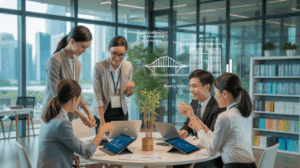 Diverse team in a Singapore office collaborates around a circular table, led by a confident woman.