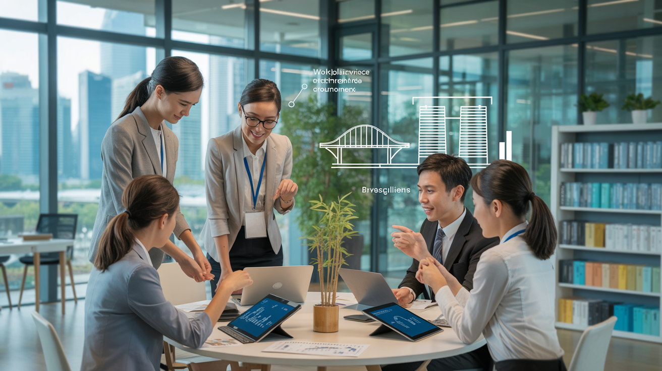 Diverse team in a Singapore office collaborates around a circular table, led by a confident woman.