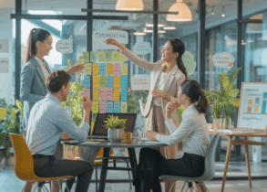 Diverse team in a Singapore office collaborating around a modern table with positive psychology elements.