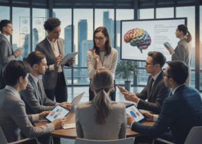 Diverse team in emotional intelligence workshop, modern office, city view, warm lighting.