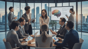 Diverse team in emotional intelligence workshop, modern office, city view, warm lighting.