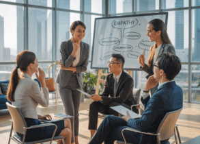 Diverse team in modern Singapore office, collaborating at digital whiteboard with city views.