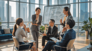 Diverse team in modern Singapore office, collaborating at digital whiteboard with city views.