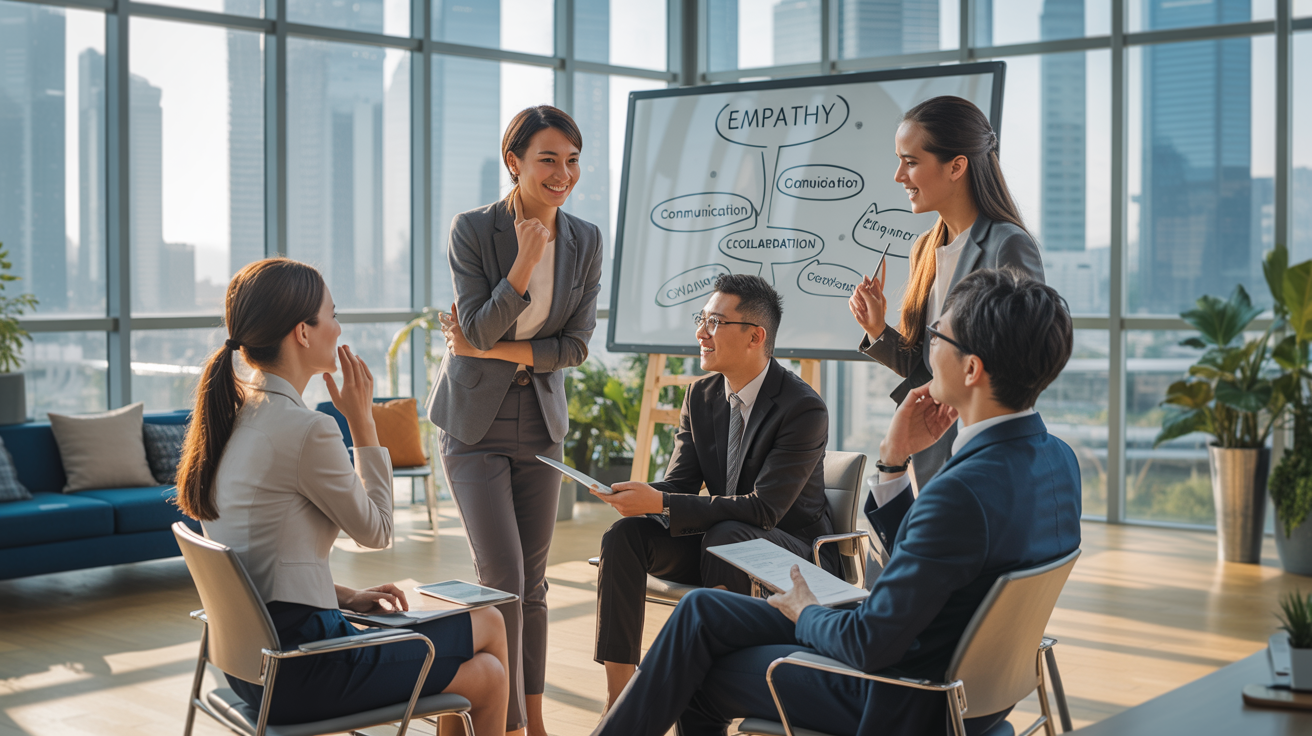 Diverse team in modern Singapore office, collaborating at digital whiteboard with city views.