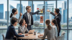 Diverse team in Singapore office engaged in decision-making around circular table.
