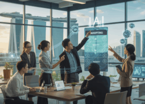 Diverse team in Singapore office plans AI adoption around digital board, Marina Bay Sands view.