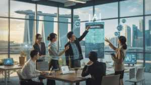 Diverse team in Singapore office plans AI adoption around digital board, Marina Bay Sands view.