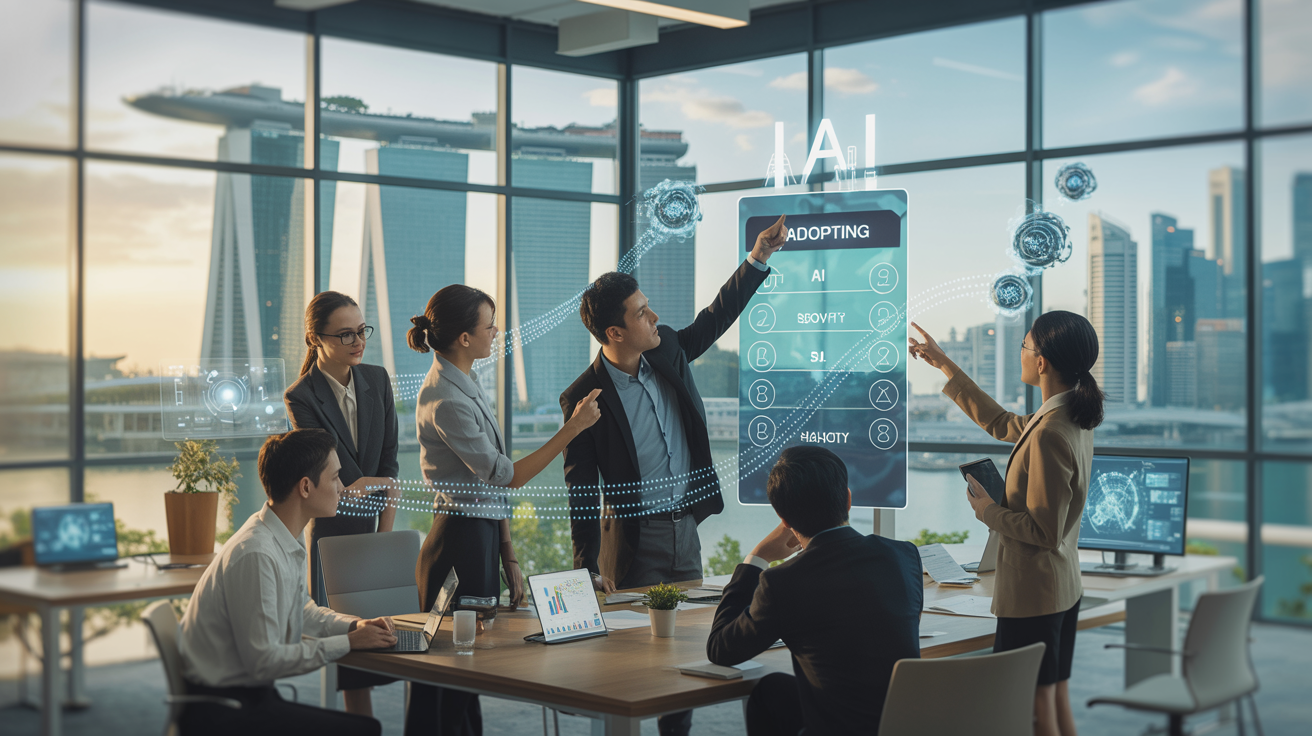 Diverse team in Singapore office plans AI adoption around digital board, Marina Bay Sands view.