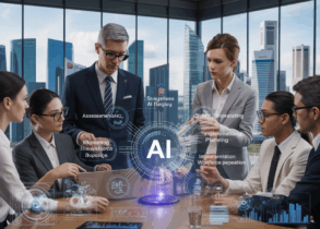 Diverse team in Singapore's business district examines AI strategy on a holographic display.