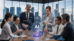 Diverse team in Singapore's business district examines AI strategy on a holographic display.