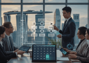 Diverse team reviews AI governance flowchart in modern office with Singapore skyline.