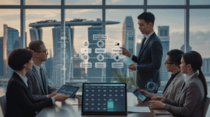 Diverse team reviews AI governance flowchart in modern office with Singapore skyline.