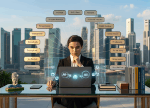 Executive at glass desk with AI interfaces, holographic prompts, and Singapore skyline.