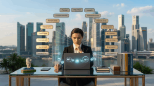 Executive at glass desk with AI interfaces, holographic prompts, and Singapore skyline.