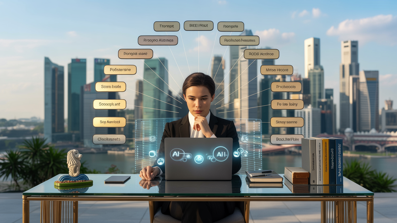 Executive at glass desk with AI interfaces, holographic prompts, and Singapore skyline.
