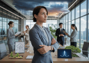 Executive in Singapore office, calm amidst storm-to-calm metaphor, zen garden, city view.