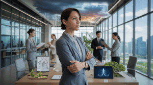 Executive in Singapore office, calm amidst storm-to-calm metaphor, zen garden, city view.
