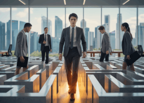 Executives in Singapore navigate a glass maze symbolizing emotional pathways, with skyline view.