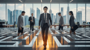 Executives in Singapore navigate a glass maze symbolizing emotional pathways, with skyline view.
