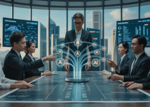 Futuristic boardroom with diverse executives, AI marketing tools, and Singapore skyline.