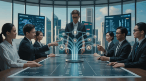 Futuristic boardroom with diverse executives, AI marketing tools, and Singapore skyline.