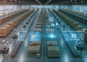 Futuristic Singapore warehouse with AI-driven automation and skyline view.