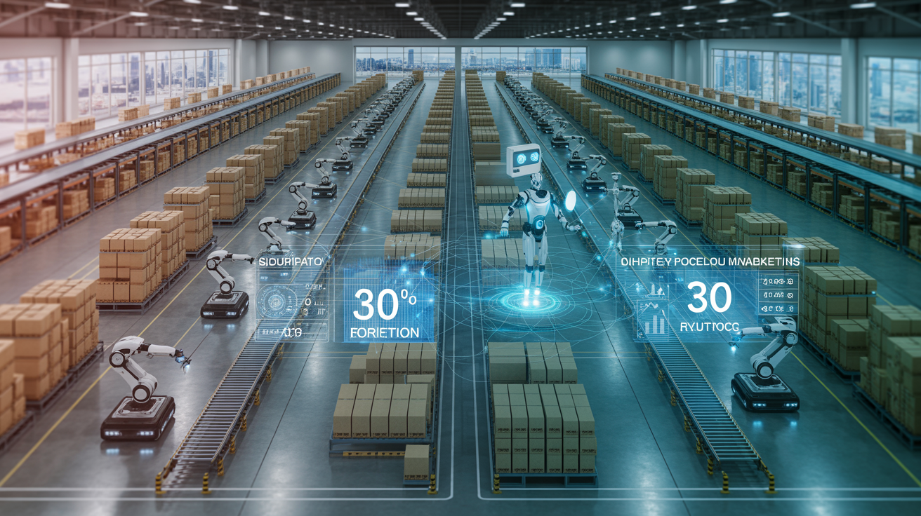 Futuristic Singapore warehouse with AI-driven automation and skyline view.