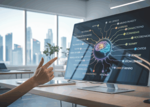 Minimalist workspace with digital mind-map on touchscreen, Singapore skyline view.