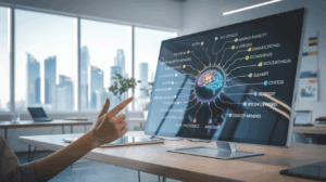 Minimalist workspace with digital mind-map on touchscreen, Singapore skyline view.
