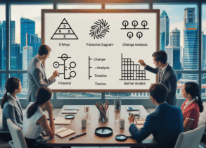 Modern conference room in Singapore with professionals analyzing root cause diagrams on a whiteboard.