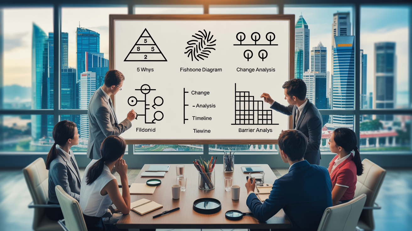 Modern conference room in Singapore with professionals analyzing root cause diagrams on a whiteboard.