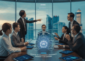 Modern office in Singapore with professionals around a holographic AI ethics dashboard, city skyline view.