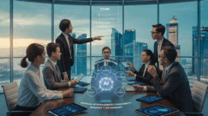 Modern office in Singapore with professionals around a holographic AI ethics dashboard, city skyline view.