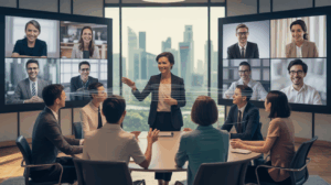 Modern office with diverse team, Singapore skyline, leader connects in-person and virtual.