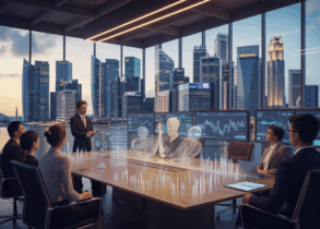 Modern office with holographic financial data and Marina Bay skyline at dusk.