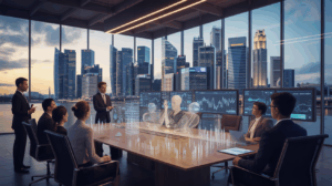 Modern office with holographic financial data and Marina Bay skyline at dusk.