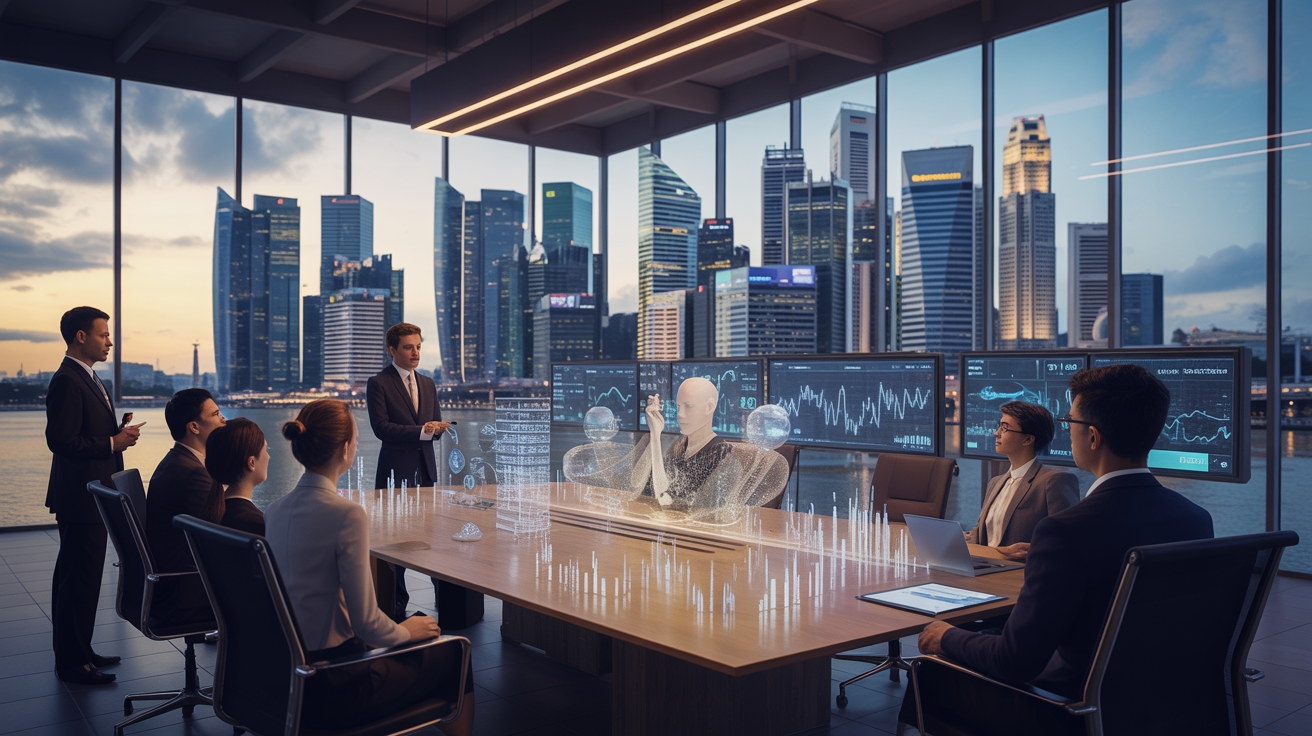 Modern office with holographic financial data and Marina Bay skyline at dusk.