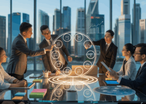 Modern Singapore boardroom with diverse professionals collaborating around a glowing diagram.