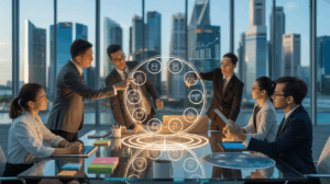 Modern Singapore boardroom with diverse professionals collaborating around a glowing diagram.