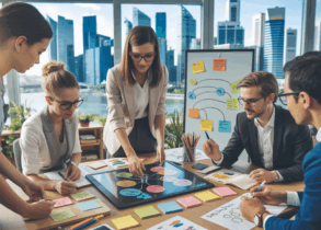 Modern Singapore office with diverse professionals in a creative workshop overlooking Marina Bay.