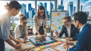 Modern Singapore office with diverse professionals in a creative workshop overlooking Marina Bay.