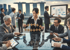 Modern Singapore skyline with managers at a conference table, strategizing with diagrams.